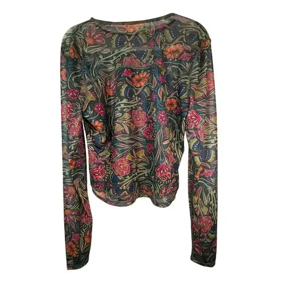 Natural Life Sloane Mesh Top Green Painterly Vines Long Sleeve Sheer XL - Picture 4 of 4